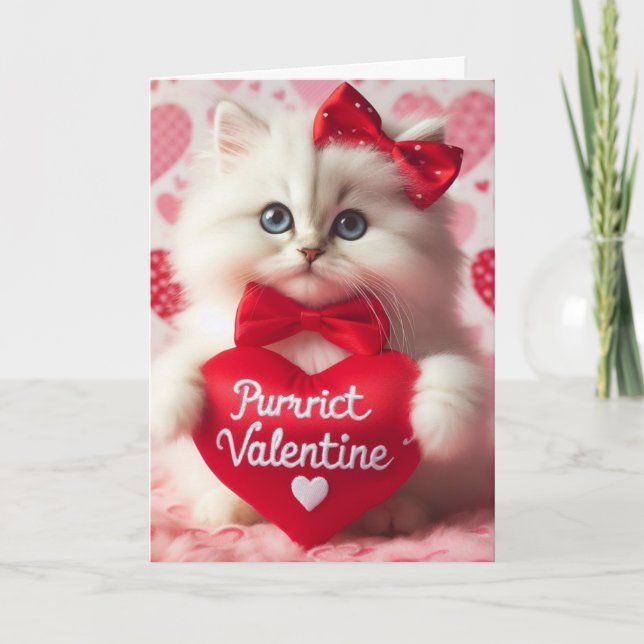 Cute Fluffy White Valentine Kitten Funny Card (Front)