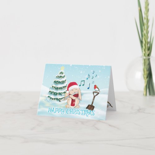 Cute Flute Player Bunny With Christmas Tree Holiday Card