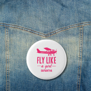 Cute Fly Like A Girl Pink Airplane Girly Aviation Button