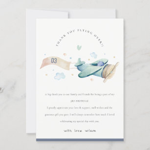 Cute Fly Over Airplane Cloud Blue Heart Birthday Thank You Card