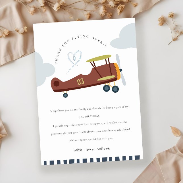 Cute Fly Over Airplane Cloud Blue Heart Birthday Thank You Card (Creator Uploaded)