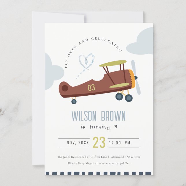 Cute Fly Over Airplane Cloud Heart Birthday Invite (Front)