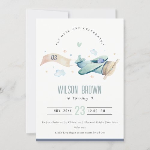 Cute Fly Over Airplane Cloud Heart Birthday Invite