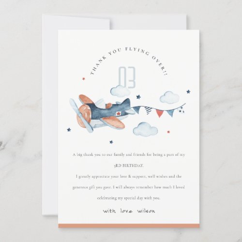 Cute Fly Over Rust Navy Plane Cloud Stars Birthday Thank You Card
