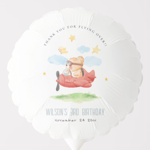 Cute Fly Over Teddy Bear Animal Plane Birthday Balloon