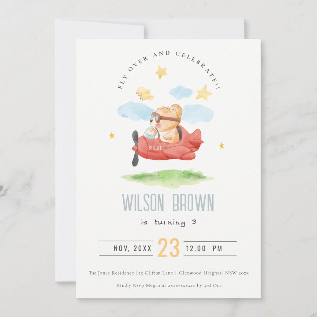 Cute Fly Over Teddy Bear Animal Plane Birthday Invitation (Front)
