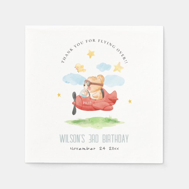 Cute Fly Over Teddy Bear Animal Plane Birthday Napkins (Front)