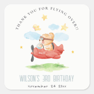 Cute Fly Over Teddy Bear Animal Plane Birthday Square Sticker
