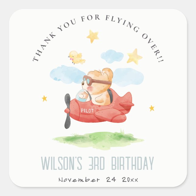 Cute Fly Over Teddy Bear Animal Plane Birthday Square Sticker (Front)