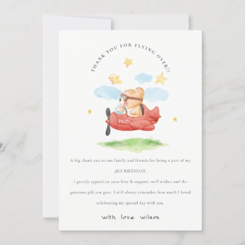 Cute Fly Over Teddy Bear Animal Plane Birthday Thank You Card