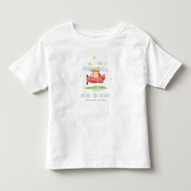 Cute Fly Over Teddy Bear Animal Plane Birthday Toddler T-shirt (Front)