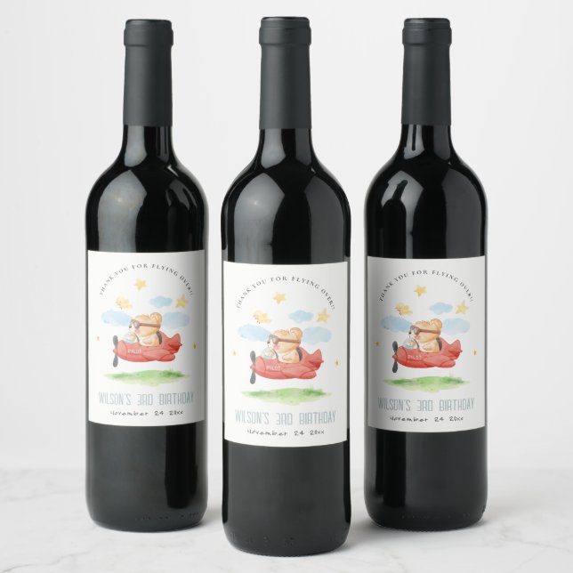 Cute Fly Over Teddy Bear Animal Plane Birthday Wine Label (Bottles)