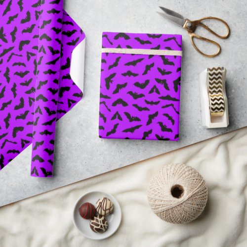 Cute Flying Bats Purple Bat Pattern Halloween Wrapping Paper