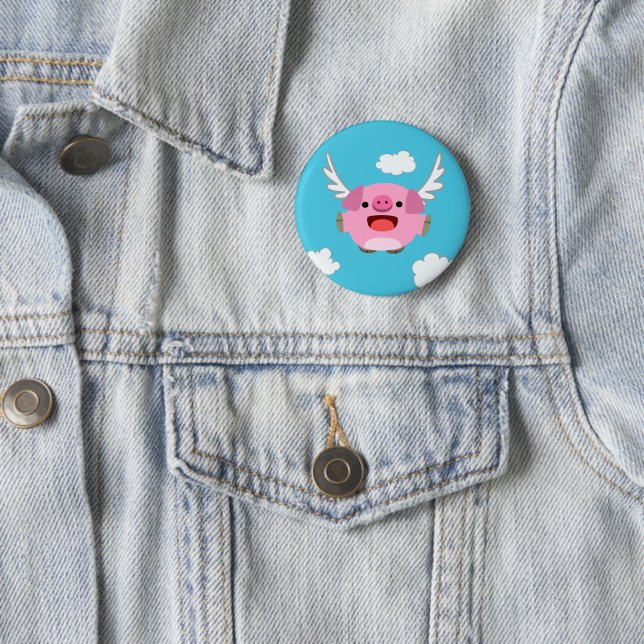 Cute Flying Cartoon Pig Pinback Button (In Situ)