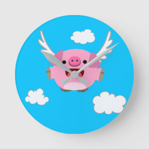 Cute Flying Cartoon Pig Round Clock