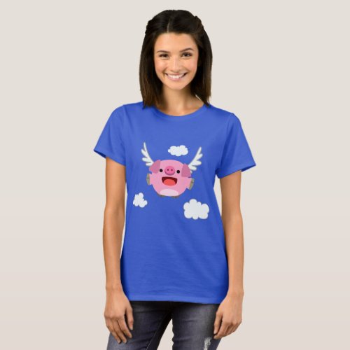 Cute Flying Cartoon Pig Women T_Shirt