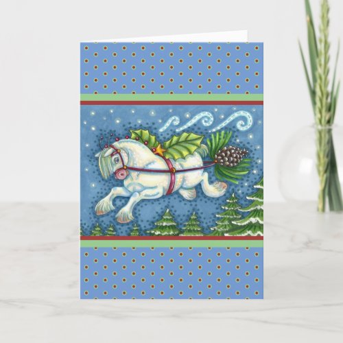 CUTE FLYING CHRISTMAS PONY PULLING PINECONE SLEIGH CARD