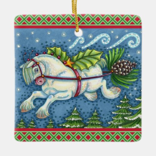 CUTE FLYING CHRISTMAS PONY PULLING PINECONE SLEIGH CERAMIC ORNAMENT