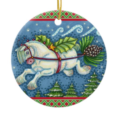 CUTE FLYING CHRISTMAS PONY PULLING PINECONE SLEIGH CERAMIC ORNAMENT