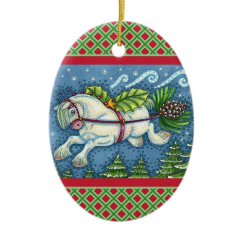 CUTE FLYING CHRISTMAS PONY PULLING PINECONE SLEIGH CERAMIC ORNAMENT