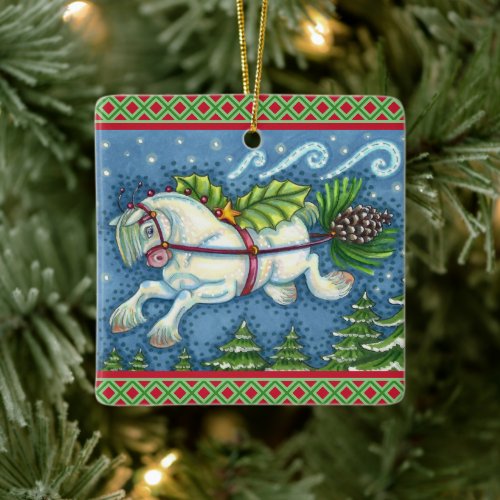 CUTE FLYING CHRISTMAS PONY PULLING PINECONE SLEIGH CERAMIC ORNAMENT