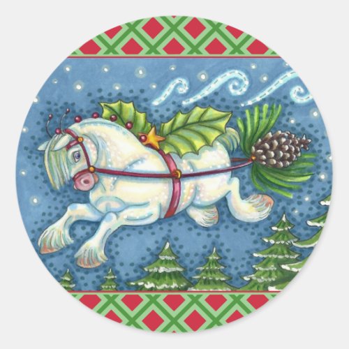 CUTE FLYING CHRISTMAS PONY PULLING PINECONE SLEIGH CLASSIC ROUND STICKER