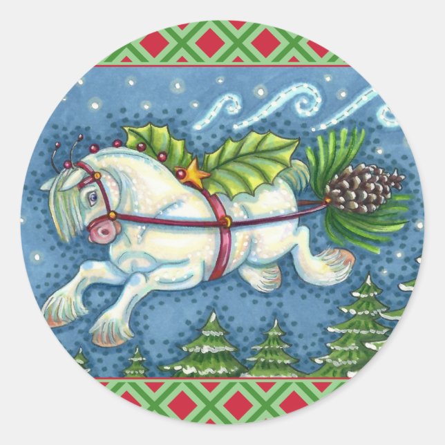 CUTE FLYING CHRISTMAS PONY PULLING PINECONE SLEIGH CLASSIC ROUND STICKER (Front)