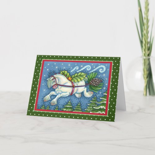 CUTE FLYING CHRISTMAS PONY PULLING PINECONE SLEIGH HOLIDAY CARD