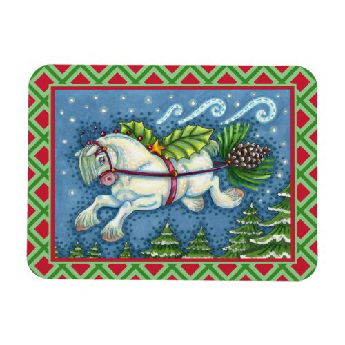 CUTE FLYING CHRISTMAS PONY PULLING PINECONE SLEIGH MAGNET