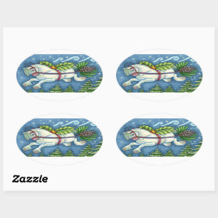 CUTE FLYING CHRISTMAS PONY PULLING PINECONE SLEIGH OVAL STICKER