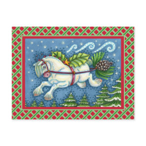 CUTE FLYING CHRISTMAS PONY PULLING PINECONE SLEIGH POSTCARD