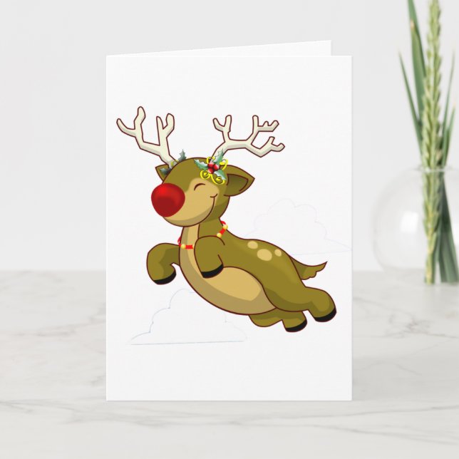 Cute Flying Christmas Reindeer With Clouds Holiday Card (Front)