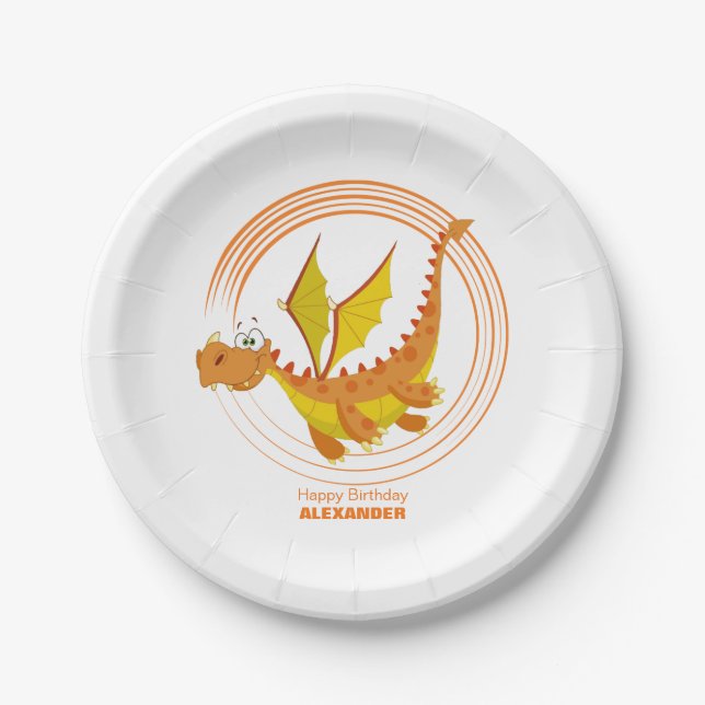 Cute Flying Dragon Personalized Birthday Paper Plates (Front)