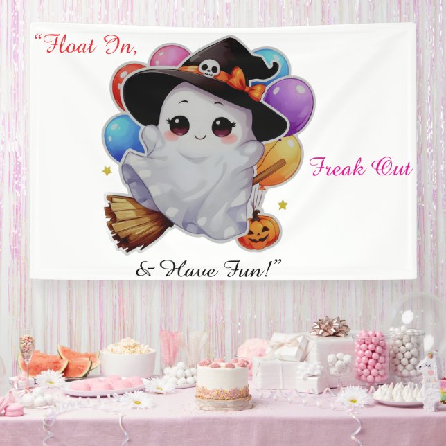 Cute Flying Ghost on Broom with Balloons & Pumpkin Banner (Party)