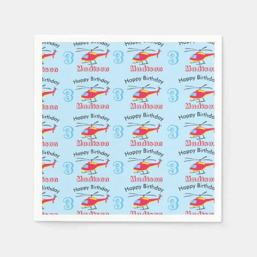 Cute Flying Helicopter Birthday Name  Age Napkins