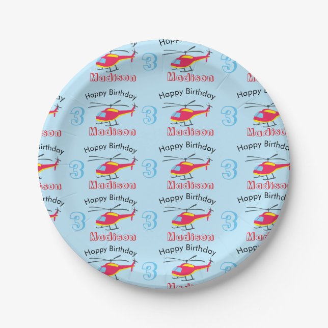Cute Flying Helicopter Birthday Name & Age Paper Plates (Front)