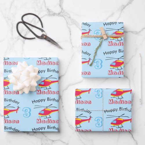 Cute Flying Helicopter Birthday Name  Age Wrapping Paper Sheets