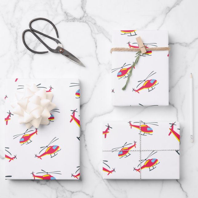 Cute Flying Helicopter Wrapping Paper Sheets (Front)