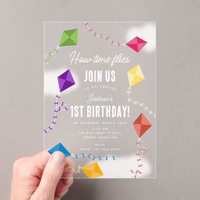 Cute Flying Kites Kids How Time Flies Birthday  Acrylic Invitations (Insitu (Handheld))