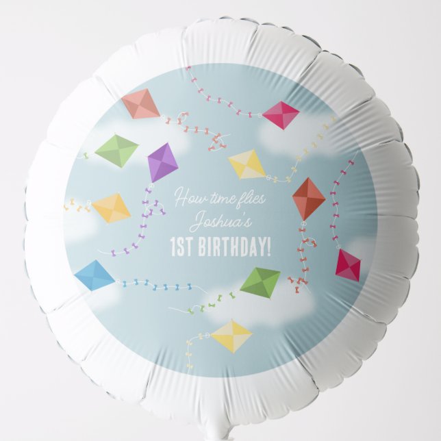 Cute Flying Kites Kids How Time Flies Birthday Balloon (Front)