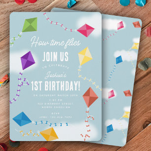 Cute Flying Kites Kids How Time Flies Birthday Invitation