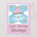 Cute Flying Kitty Cat Face Cupcake Birthday  Postcard