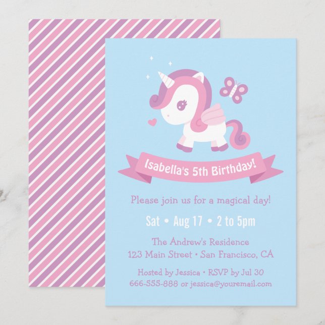 Cute Flying Magical Unicorn Girls Birthday Invitation (Front/Back)