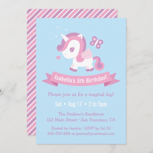 Cute Flying Magical Unicorn Girls Birthday Invitation