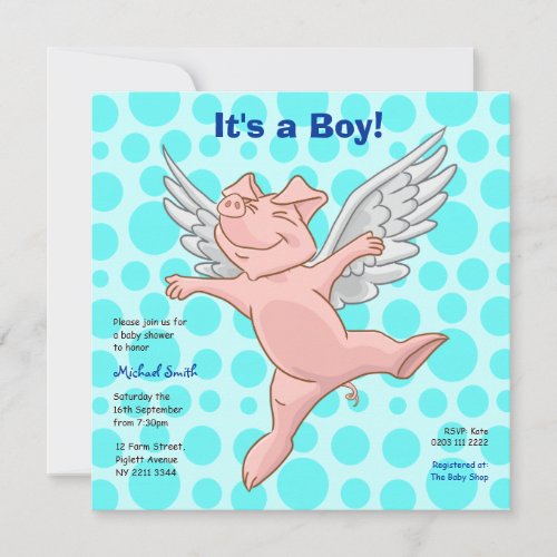 Cute Flying Pig Baby Shower Party Invitation