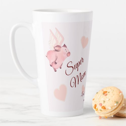 Cute flying pig  Super Mom  Pink Hearts  Latte Mug