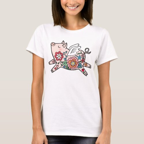 Cute Flying Pig with Flowers Pig Lover Fun Graphic T_Shirt