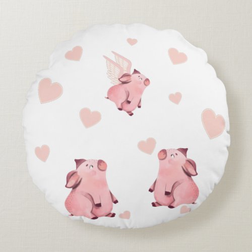 Cute Flying Pig with Wings When Pigs Fly Round Pillow
