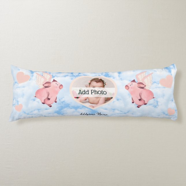 Cute Flying Pig with Wings When Pigs Fly Sky Body Pillow (Front)
