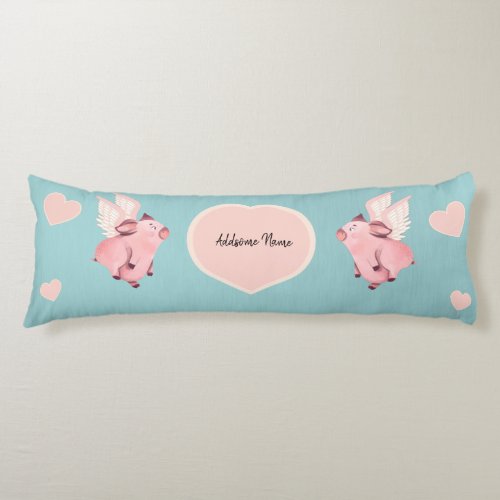 Cute Flying Pig with Wings When Pigs Fly Teal Body Pillow